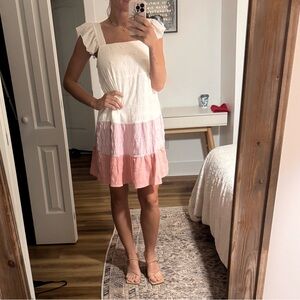 SHEIN White, Light Pink & Dusty Rose Tiered Ruffle Mini Dress